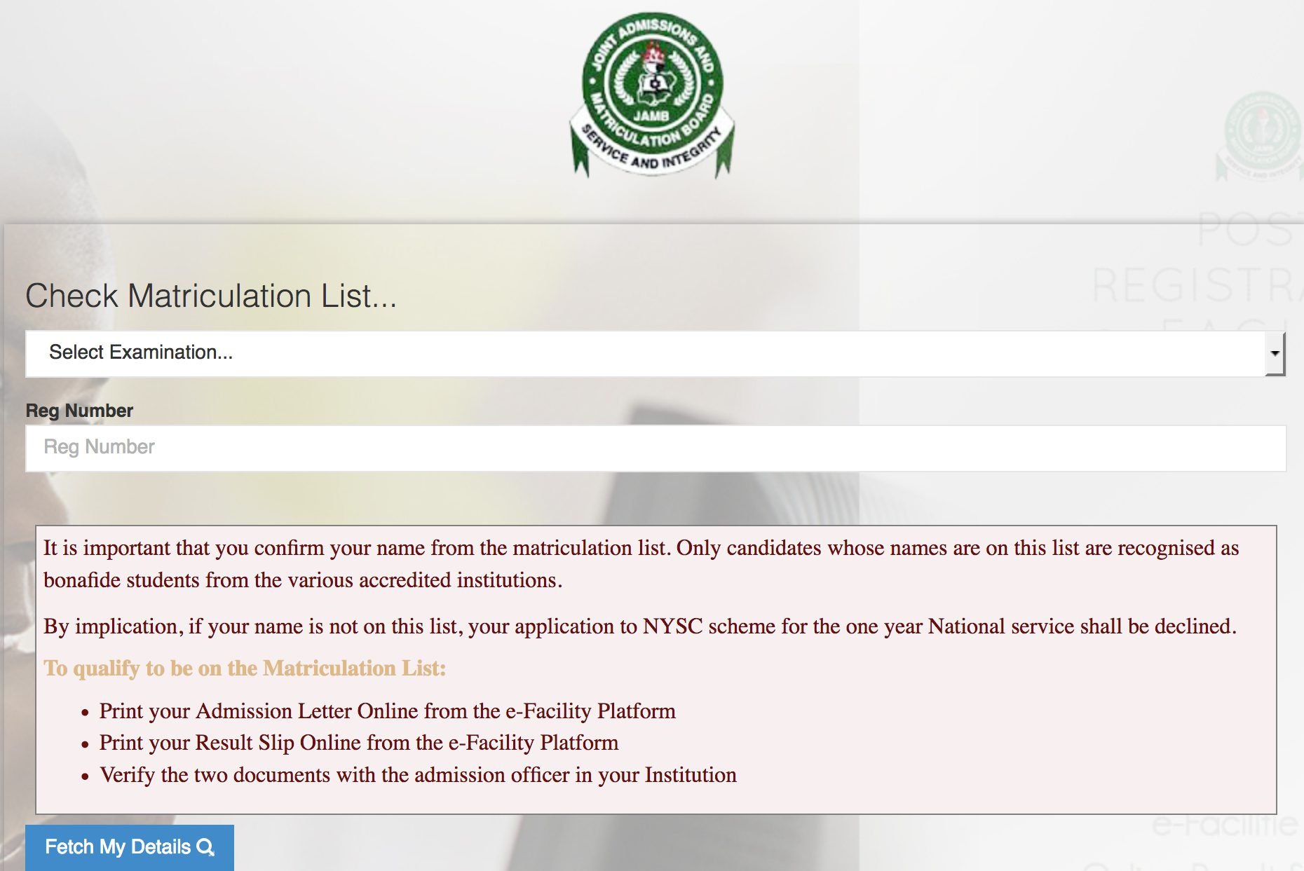 How to check jamb Matriculation list for nysc mobilization