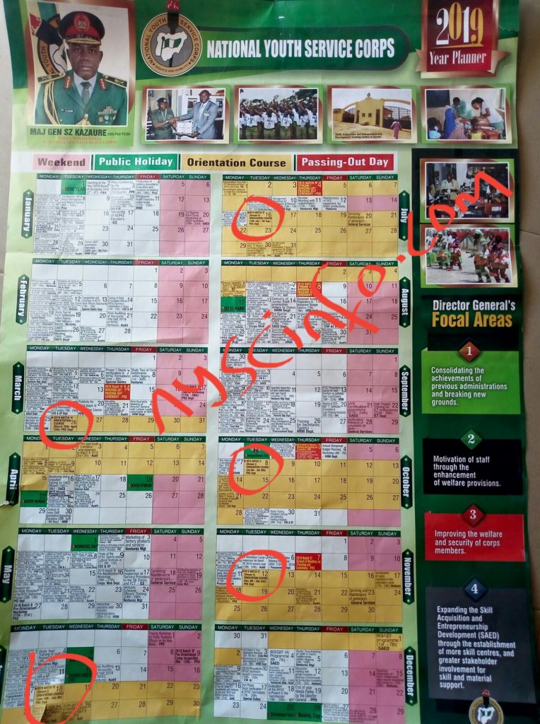 Nysc calendar for 2019 Batch C