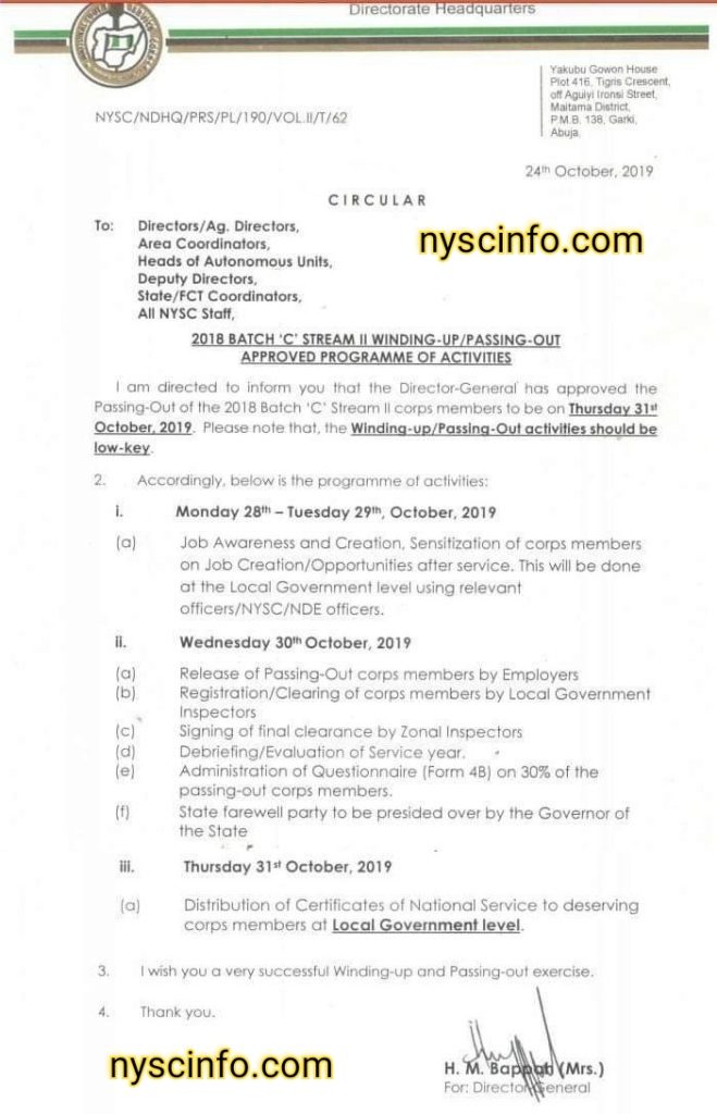 NYSC fixes 2018 Batch C Stream 2 POP to 31 October 2019