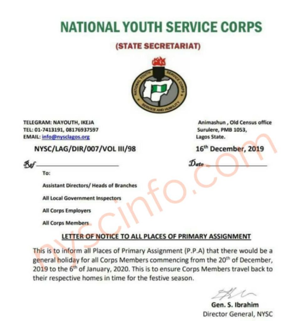 Nysc declares general holiday