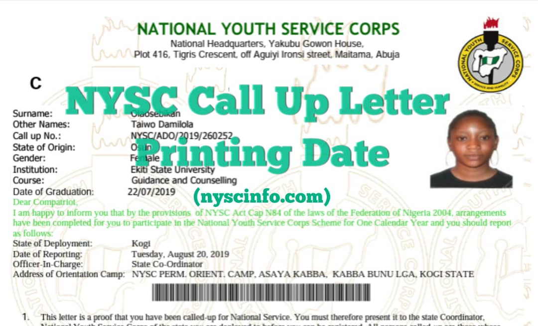 Nysc call up letter printing date