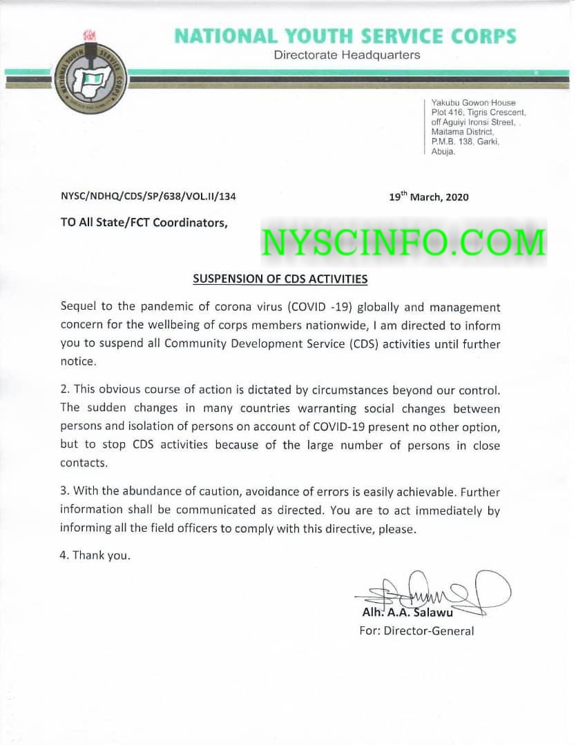 NYSC announces indefinite suspension of CDS activities nationwide
