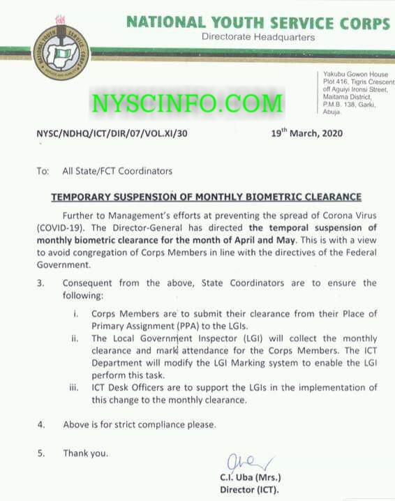 NYSC suspends monthly biometric clearance for corps members nationwide