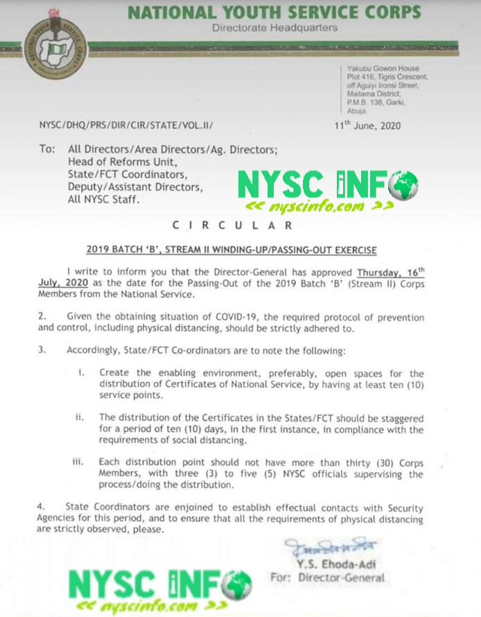 NYSC Officially Announces 2019 Batch 'B' Stream 2 POP Date – Nyscinfo.com