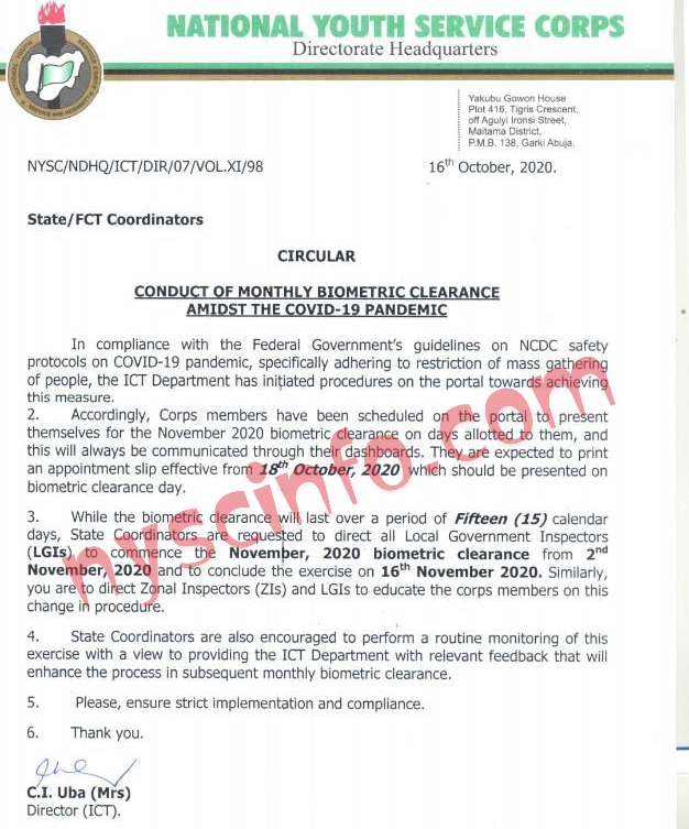 NYSC Clearance Appointment Slip