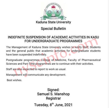 KASU Suspends Academic Activities For Undergraduate Program