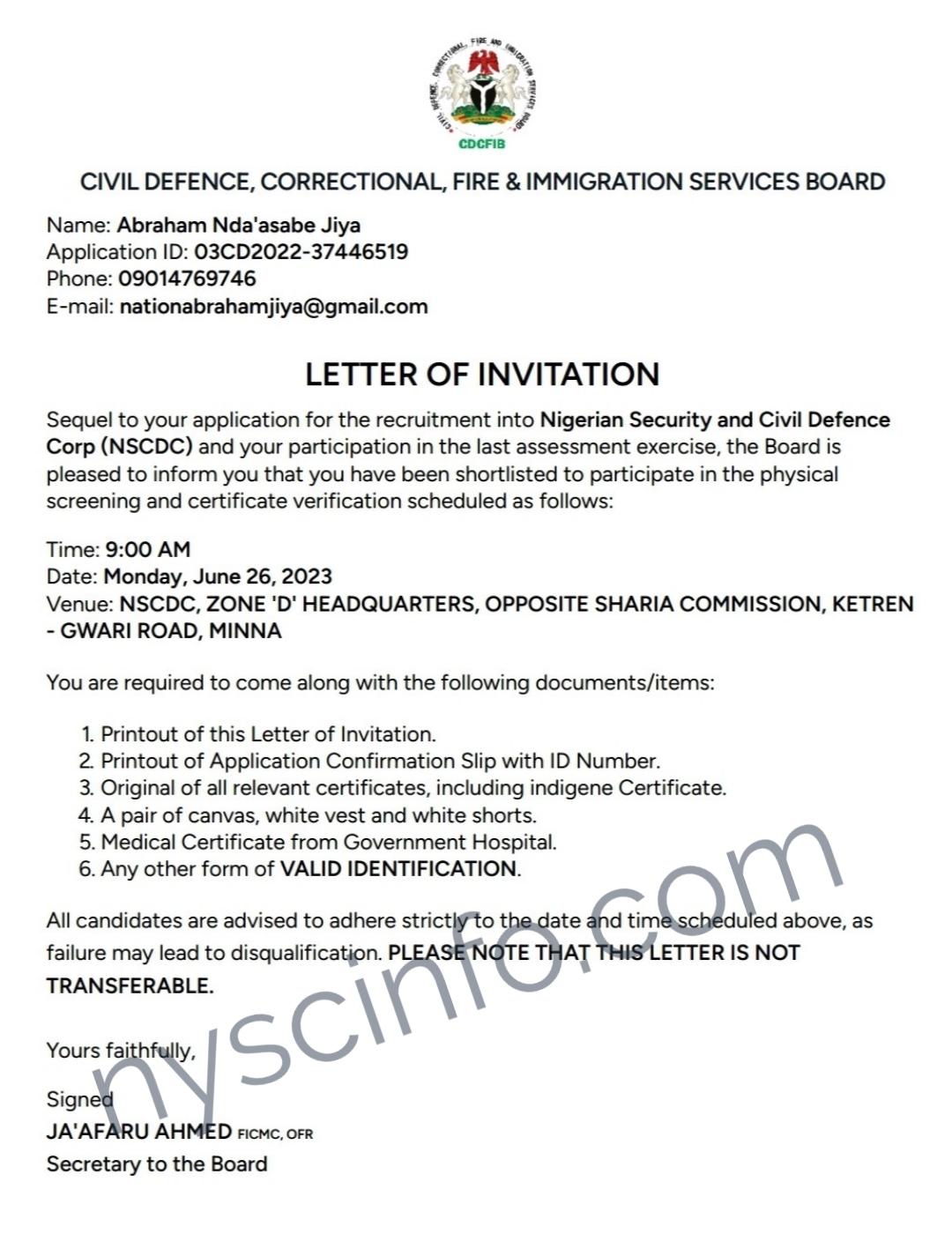 NSCDC invitation letter sample